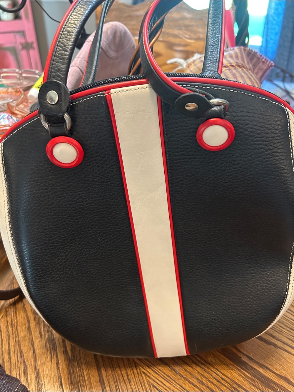 Aleluna Black and White Stripe Dome Handbag with Red Trim